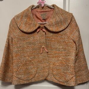 Anthropologie Orange and Cream Tweed Cropped Jacket with Peter Pan Collar - sz 4